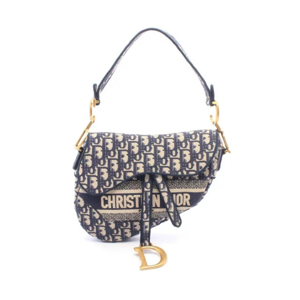 Christian Dior Saddle Oblique Handbag Canvas Navy Blue Beige
